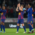 BARCELONA, SPAIN - APRIL 22: Frenkie de Jong of FC Barcelona applauds the fans with teammates after the LaLiga EA Sports match between FC Barcelona and RC Celta de Vigo at Spotify Camp Nou on April 22, 2026 in Barcelona, Spain. (Photo by Alex Caparros/Getty Images)