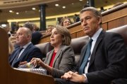 El portavoz del PP en el Congreso, Miguel Tellado; la secretaria general del PP, Cuca Gamarra, y el presidente del Partido Popular, Alberto Núñez Feijóo