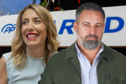 La presidenta en funciones de la Junta de Extremadura María Guardiola, el líder de Vox Santiago Abascal y el Presidente en funciones de la Junta de Aragón Jorge Azcón