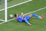 GUADALUPE, MEXICO - JUNE 29: Bart Verbruggen #1 of the Netherlands allows the goal to the Morocco's second penalty taken by Soufiane Rahimi #9 of Morocco during the penalty shootout during the FIFA World Cup 2026 Round of 32 match between Netherlands and Morocco at Monterrey Stadium on June 29, 2026 in Guadalupe, Mexico. (Photo by Luke Hales/Getty Images)