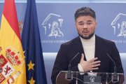 Gabriel Rufián, portavoz de ERC, durante una rueda de prensa en el Congreso.