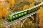 Locomotora verde del Expreso de Canfranc cruzando un puente ferroviario entre bosques otoñales del Pirineo aragonés.
