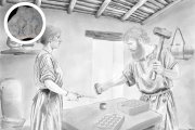 Reconstrucción idealizada del taller de acuñación. En el círculo el molde descubierto en Obulco.
