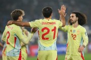 TBILISI, GEORGIA - NOVEMBER 15: Mikel Oyarzabal of Spain celebrates his goal with Pablo Barrios and Marc Cucurella of Spain during the FIFA World Cup 2026 qualifier match between Georgia and Spain at Dinamo Arena on November 15, 2025 in Tbilisi, Georgia. (Photo by Levan Verdzeuli/Getty Images)