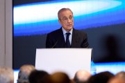 MADRID, SPAIN - OCTOBER 31: Florentino Perez, President of Real Madrid speaks to the audience as Kylian Mbappe is awarded with the Golden Boot 2024-2025, at Estadio Santiago Bernabeu on October 31, 2025 in Madrid, Spain. (Photo by Angel Martinez/Getty Images)