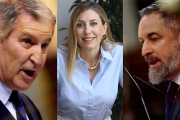 El presidente del PP, Alberto Núñez Feijóo, la presidenta en funciones de la Junta de Extremadura,María Guardiola y el líder de Vox, Santiago Abascal