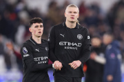 LONDON, ENGLAND - MARCH 14: Phil Foden and Erling Haaland of Manchester City look dejected following the Premier League match between West Ham United and Manchester City at London Stadium on March 14, 2026 in London, England. (Photo by Julian Finney/Getty Images)