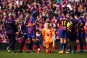 BARCELONA, SPAIN - MARCH 22: Joan Garcia of FC Barcelona receives medical treatment during the LaLiga EA Sports match between FC Barcelona and Rayo Vallecano de Madrid at Spotify Camp Nou on March 22, 2026 in Barcelona, Spain. (Photo by Alex Caparros/Getty Images)