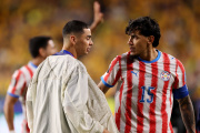 SANTA CLARA, CALIFORNIA - JUNE 25: Miguel Almiron #10 and Gustavo Gomez #15 of Paraguay react after the 0-0 draw during the FIFA World Cup 2026 Group D match between Paraguay and Australia at San Francisco Bay Area Stadium on June 25, 2026 in Santa Clara, California. (Photo by Stu Forster/Getty Images)