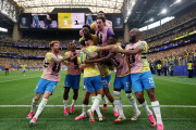 HOUSTON, TEXAS - JUNE 29: Gabriel Martinelli #22 of Brazil celebrates with teammates after scoring the team's second goal during the FIFA World Cup 2026 Round Of 32 match between Brazil and Japan at Houston Stadium on June 29, 2026 in Houston, Texas. (Photo by Lars Baron/Getty Images)