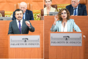 El portavoz del PP-A, Toni Martín, y la portavoz del PSOE-A, María Jesús Montero, en el Parlamento de Andalucía.