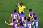 KANSAS CITY, MISSOURI - JULY 03: Jhon Arias #11 of Colombia celebrates with teammates after scoring the team's first goal during the FIFA World Cup 2026 Round of 32 match between Colombia and Ghana at Kansas City Stadium on July 03, 2026 in Kansas City, Missouri. (Photo by Carl Recine/Getty Images)