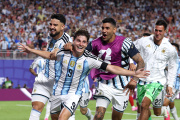 KANSAS CITY, MISSOURI - JULY 11: Julian Alvarez #9 of Argentina celebrates with teammates after scoring his team's second goal during the FIFA World Cup 2026 Quarter Final match between Argentina and Switzerland at Kansas City Stadium on July 11, 2026 in Kansas City, Missouri. (Photo by Carl Recine/Getty Images)