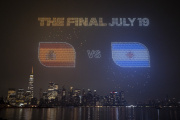 JERSEY CITY, NEW JERSEY - JULY 15:  The Final July 19 visual with the flags of Spain and Argentina is displayed against the Manhattan skyline during the FIFA Drone show in New York/New Jersey at Liberty State Park on July 15, 2026 in Jersey City, New Jersey. (Photo by David Ramos/Getty Images)