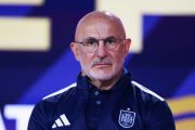 NEW YORK, NEW YORK - JULY 17: Luis De La Fuente, Head Coach of Spain, looks on during a press conference ahead of the FIFA World Cup 2026 Final at Fanatics Fest at Javits Center on July 17, 2026 in New York, New York. (Photo by Elsa/Getty Images)