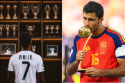 Vinicius junto a todos los trofeos que ha ganado en el Real Madrid; y Rodri besando el trofeo como mejor jugador del Mundial 2026