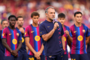 BARCELONA, SPAIN - AUGUST 19: Hansi Flick, Head Coach of FC Barcelona speaks to the fans before the Joan Gamper Trophy match between FC Barcelona and Al Ahly SC at Spotify Camp Nou on August 19, 2026 in Barcelona, Spain. (Photo by Alex Caparros/Getty Images)