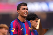 BARCELONA, SPAIN - AUGUST 19: Rodri of FC Barcelona, reacts  on the pitch before the Joan Gamper Trophy between FC Barcelona and Al Ahly SC at Spotify Camp Nou on August 19, 2026 in Barcelona, Spain. (Photo by Alex Caparros/Getty Images)