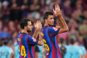 BARCELONA, SPAIN - AUGUST 27: Rodri and Eric Garcia of Barcelona applaud the fans after the LaLiga EA Sports 2026/27 match between FC Barcelona and Athletic Club at Spotify Camp Nou on August 27, 2026 in Barcelona, Spain. (Photo by Alex Caparros/Getty Images)