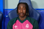 BARCELONA, SPAIN - AUGUST 22: Yan Diomande of Real Madrid looks on before the LaLiga EA Sports 2026/27 match between RCD Espanyol de Barcelona and Real Madrid at RCDE Stadium on August 22, 2026 in Barcelona, Spain. (Photo by Alex Caparros/Getty Images)