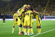 El Villarreal celebra el gol de Mouriño ante el Nápoles