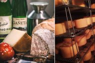 Queso Idiazábal con pan y sidra natural; a la derecha, piezas madurando en quesería