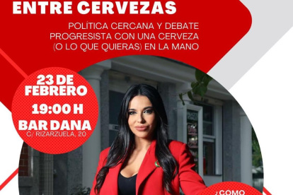 Cartel del acto del PSOE de Castilla y León con Sarah Santaolalla como moderadora y que gira en torno a hablar de política en los bares "con una cerveza en la mano".