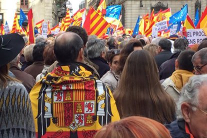 Uno de los asistentes a la manifestación en contra de la independencia portó una bandera española con el águila.