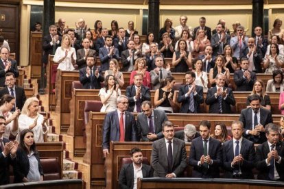 Rufián sentado mientras el resto de la Cámara aplaude a Marimar Blanco.