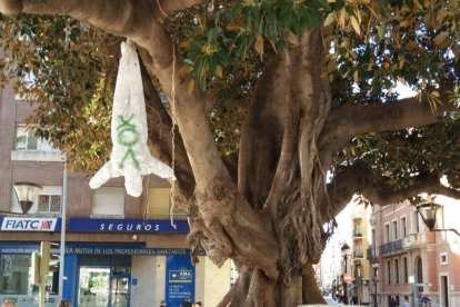 Muñeco de Abascal con un tiro en la frente colgado en un árbol de Castellón.