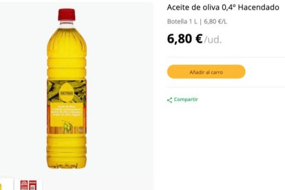 Botella de aceite Hacendado a 6,80 euros tomada de la web de Mercadona