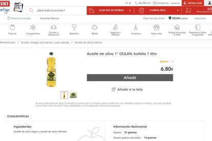 Botella de aceite de la web de Eroski, marca Olilan