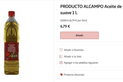 El aceite de oliva de Alcampo se vende también a 6,79 euros la botella de un litro