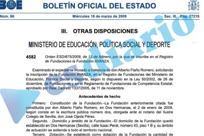 Registro de la Fundación Avanza original en 2009 en el registro de fundaciones del Ministerio de Educación, Política Social y Deporte.