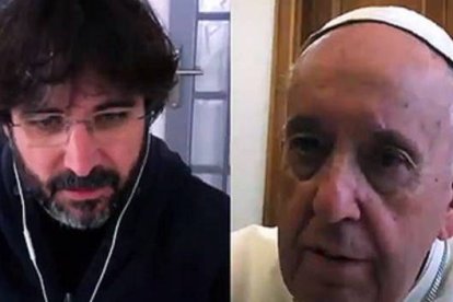 Évole y el Papa Francisco durante la entrevista por videconferencia