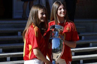 La Princesa Leonor y su hermana Sofía con la Eurocopa 2024 que ganó España.