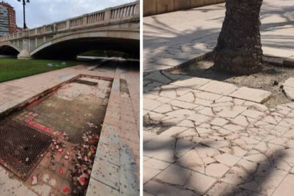 Fuentes abandfonadas y pavimento roto en el tramo del Jardín del Turia que diseño Ricardo Bofill