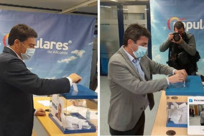 Luis Barcala y Carlos Mazón han votado este lunes a primera hora en la sede del PP