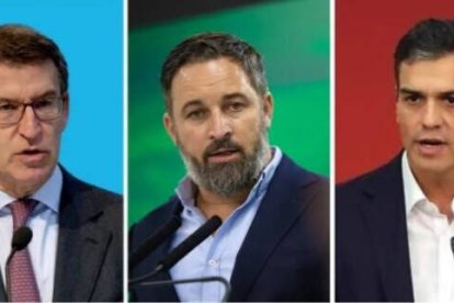 Los líderes del PP, Alberto Núñez Feijóo, de Vox, Santiago Abascal, y del PSOE, Pedro Sánchez.