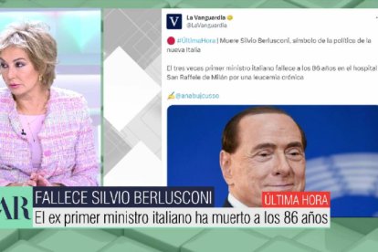 Ana Rosa Quintana anuncia en directo en Telecinco la muerte de Silvio Berlusconi.