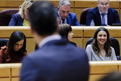 El presidente del Gobierno, Pedro Sánchez, comparece en un pleno del Senado ante la mirada de las ministras de Podemos.