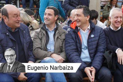 El presidente del PNV, Andoni Ortuzar (1i), el candidato del PNV a Lehendakari, Imanol Pradales (2i) y el Lehendakari, Iñigo Urkullu (2d).