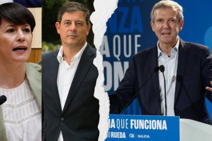 En la imagen se ve a Ana Pontón (BNG) y Gómez Besteiro (PSOE) junto a Alfonso Rueda (PP)