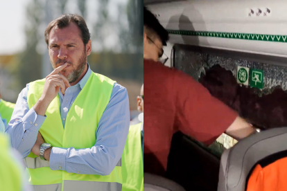 A la izquierda el ministro de Transportes, Óscar Puente, y a la derecha el usuario de Renfe que ha roto las ventanas ante el calor tras una avería.