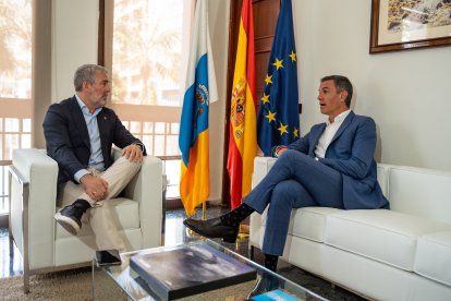 El presidente del Gobierno, Pedro Sánchez (d), y el presidente de Canarias, Fernando Clavijo (i), se reúnen para abordar la crisis migratoria.