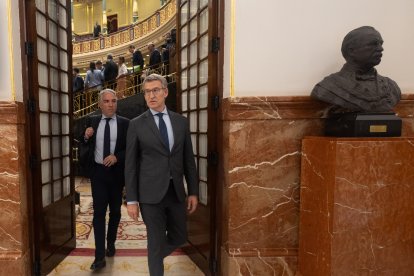 Archivo - El vicesecretario de Coordinación Autonómica y Local del PP, Elías Bendodo (i), y el presidente del Partido Popular, Alberto Núñez Feijóo (d), durante una sesión plenaria, en el Congreso de los Diputados, a 27 de junio de 2024. (Foto de archivo).