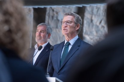 El presidente del PP, Alberto Núñez Feijóo, y detrás el presidente de Canarias, Fernando Clavijo.