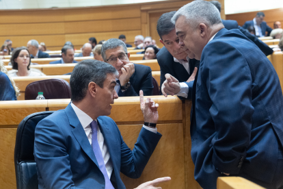 Pedro Sánchez conversa con Santos Cerdán, entre otros, en el Senado.