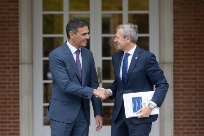 Pedro Sánchez y Alfonso Rueda se dan la mano tras su reunión en Moncloa.