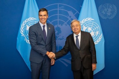 El presidente del Gobierno de España, Pedro Sánchez, y el secretario general de la ONU, António Guterres.

REMITIDA / HANDOUT por NACIONES UNIDAS
Fotografía remitida a medios de comunicación exclusivamente para ilustrar la noticia a la que hace referencia la imagen, y citando la procedencia de la imagen en la firma
24/9/2024